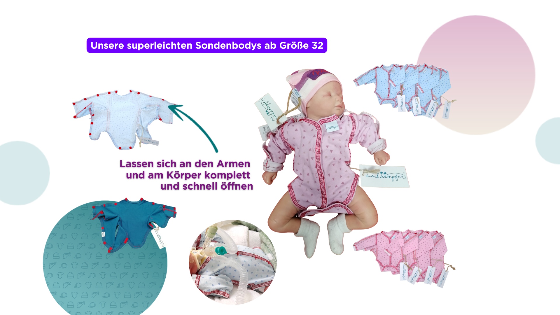 Grafik zu den superleichten Sondenbodys ab Größe 32 von meinmaikämpfer. Die Bodys lassen sich an den Armen und entlang des Körpers vollständig öffnen – ideal für die Versorgung von Frühchen. Abgebildet sind verschiedene Farben und Designs, ein Frühchen-Dummy mit angezogenem Body sowie ein medizinisches Beispiel mit Sonde.