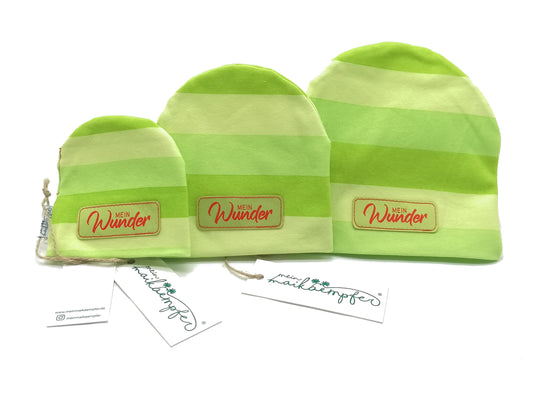 Frühchenmütze/ Beanie, "Mein Wunder", grün gestreift, verschiedene Größen