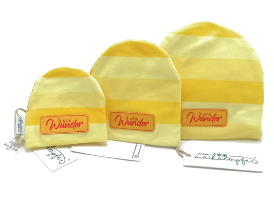 Frühchenmütze/ Beanie, "Mein Wunder", gelb gestreift, verschiedene Größen