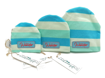 Frühchenmütze/ Beanie, "Mein Wunder", blau gestreift, verschiedene Größen