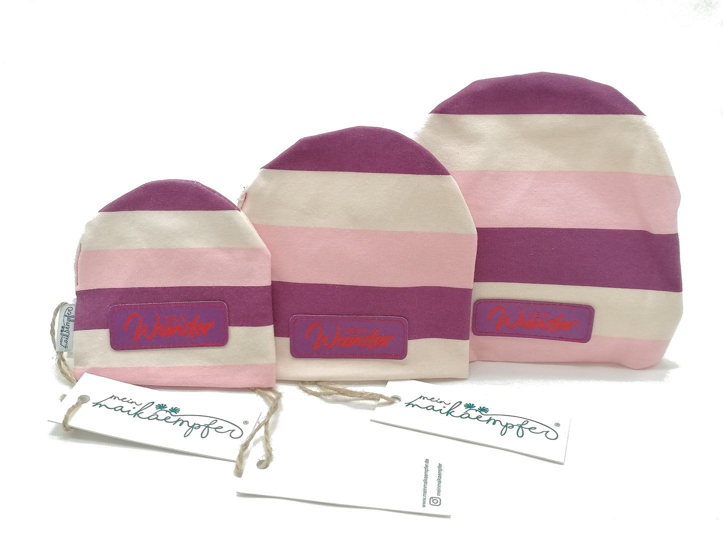 Frühchenmütze/ Beanie, "Mein Wunder", lila gestreift, verschiedene Größen