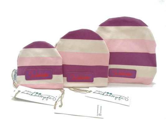 Frühchenmütze/ Beanie, "Mein Wunder", lila gestreift, verschiedene Größen
